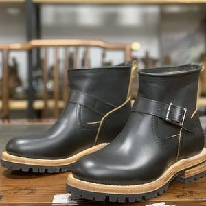 Custom Goodyear Black Tea Core leren halfhoge ingenieurs motorlaarzen met ronde neus