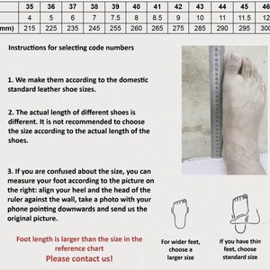 May include: Shoe size chart showing UK sizes, foot length in millimetres, and instructions for measuring feet. Includes a foot with a ruler for size comparison and guidance for wider or thinner feet.