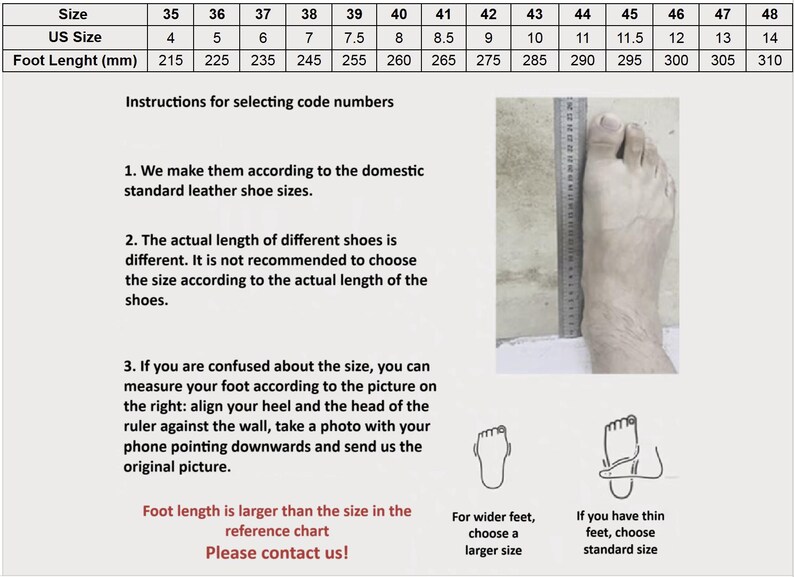 May include: Shoe size chart showing UK sizes, foot length in millimetres, and instructions for measuring feet. Includes a foot with a ruler for size comparison and guidance for wider or thinner feet.