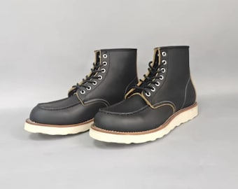 Botas de trabajo Goodyear de cuero con núcleo de té negro, hechas a mano, botas de media caña estilo retro para motocicleta