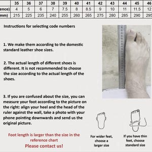 May include: Shoe size chart with US sizes, foot length in millimeters, and instructions for measuring feet. Includes a foot with a ruler for reference and guidance on choosing the correct shoe size. Contact us for questions.