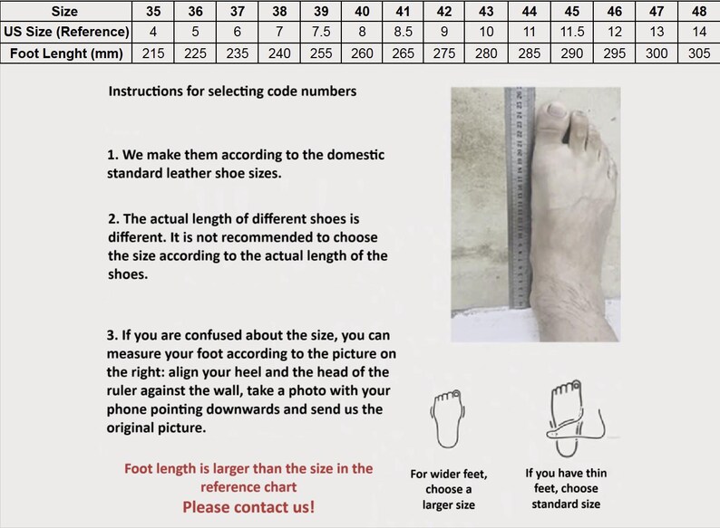 May include: Shoe size chart with US sizes, foot length in millimeters, and instructions for measuring feet. Includes a foot with a ruler for reference and guidance on choosing the correct shoe size. Contact us for questions.