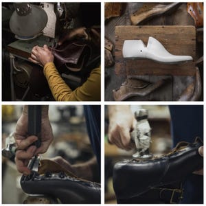 May include: A series of images depicting shoemaking. One shows a person using a sewing machine on leather. Another shows a white shoe last on a wooden board. The other two images show a person hammering on a shoe.