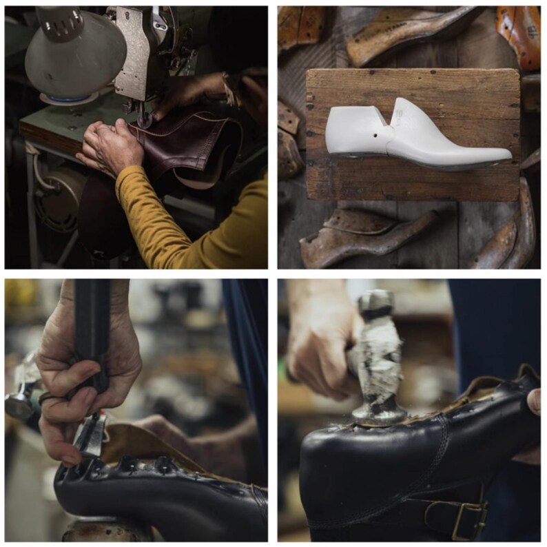 May include: A series of images depicting shoemaking. One shows a person using a sewing machine on leather. Another shows a white shoe last on a wooden board. The other two images show a person hammering on a shoe.