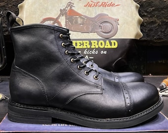 Men Handmade Black Genuine Leather High Top Paratrooper Boots Round Toe Workwear Motorcycle Boots