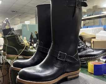 Handmade Goodyear Genuine Leather Motorcycle Boots Retro Engineer Casual Boots