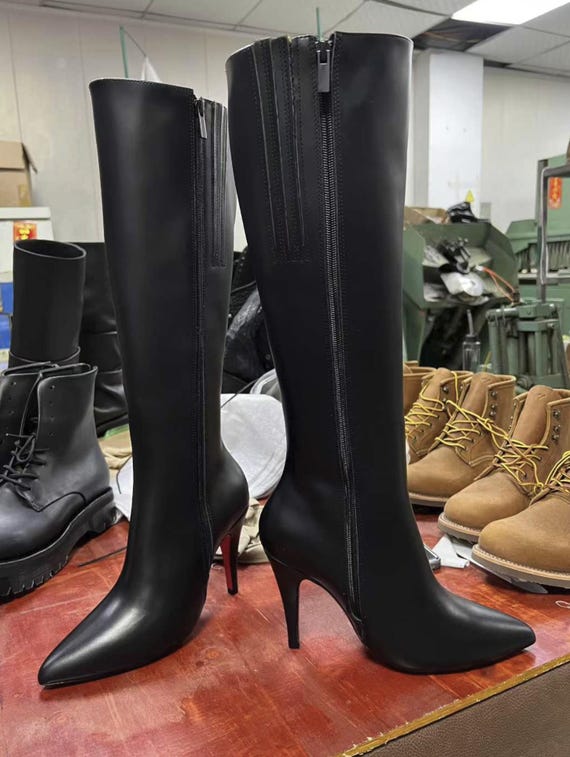 Handcrafted Black Calf Leather High Heel Knee Boots Women Vintage Style Booties Retro