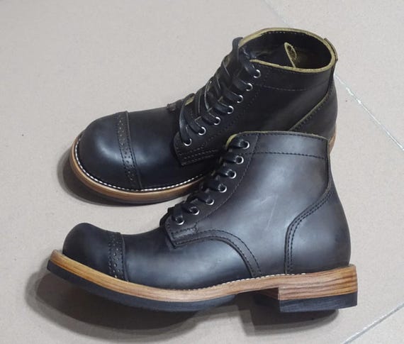 Work Boots Handmade Goodyear Welted Black Leather Paratrooper Boots