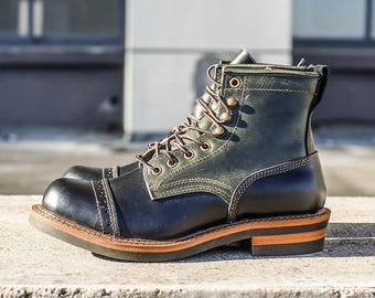 Handmade Black Green Leather Goodyear Paratrooper Work Boots Round Toe Short Wear Resistant