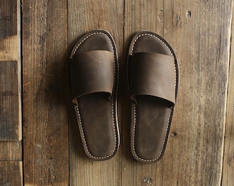 Solid Handmade Genuine Leather Sandals Cowhide Outdoor Slippers