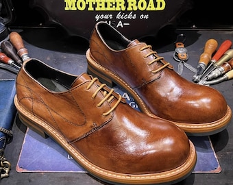 Men Genuine Leather Retro Derby Shoes Distressed Low-Top Cowhide Casual Work Shoes