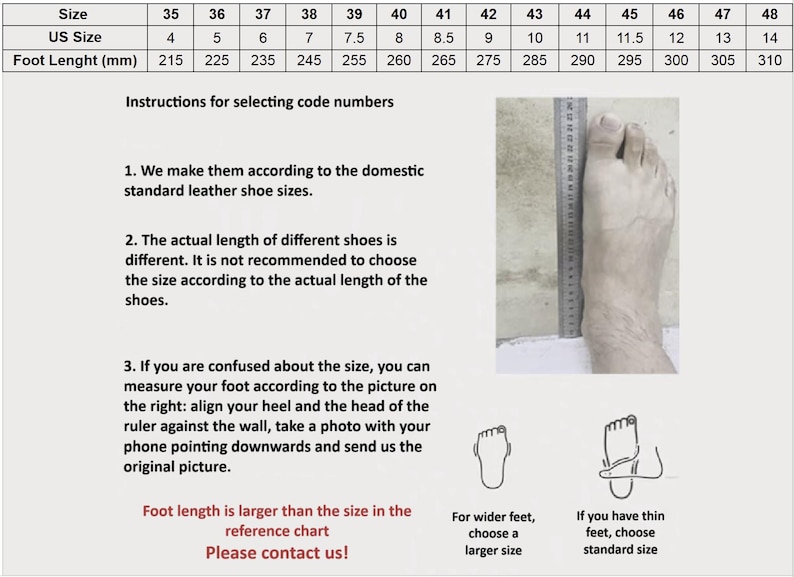 May include: Shoe size chart with US sizes, foot length in millimeters, and instructions for measuring feet. Includes a foot with a ruler for size comparison. Text advises contacting for questions.