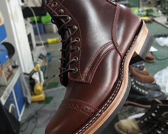 Handmade Burgundy Leather High Top Paratrooper Motorcycle Boots Retro Workwear