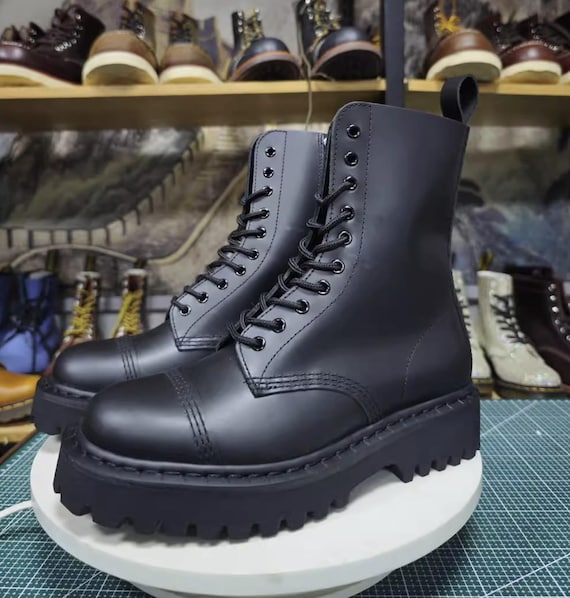 Unisex Handmade Goodyear Leather Long Boots Thick-Sole Lace-Up Spliced Breathable Retro Boots