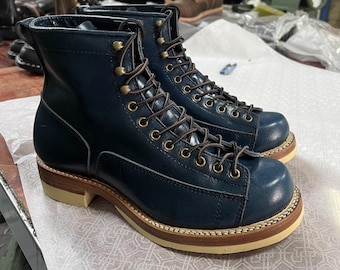 Custom Goodyear Haze Blue Wax Leather Paratrooper Boots Buckle Lace-Up Ankle Retro Boots