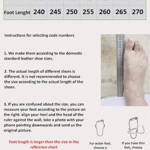 May include: A chart showing shoe sizes and corresponding foot lengths in centimeters. The chart includes sizes 38 to 44, with corresponding foot lengths from 240 to 270 centimeters. Instructions for selecting the correct shoe size are provided below the chart.