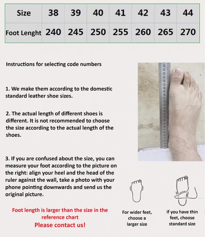 May include: A chart showing shoe sizes and corresponding foot lengths in centimeters. The chart includes sizes 38 to 44, with corresponding foot lengths from 240 to 270 centimeters. Instructions for selecting the correct shoe size are provided below the chart.
