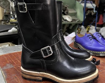 Custom Goodyear Leather Engineer Work Boots with Zipper Mid-Calf Height Increasing