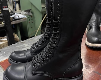 Custom Goodyear Black Nappa Leather Motorcycle Boots Zipper Lace-Up Mid-Calf Thin-Sole Knight Boots