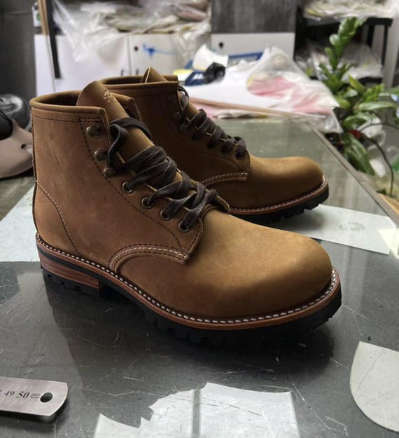 Handmade Artisan Cowhide Leather Work Boots Unisex Retro Goodyear Mid-Calf Boots