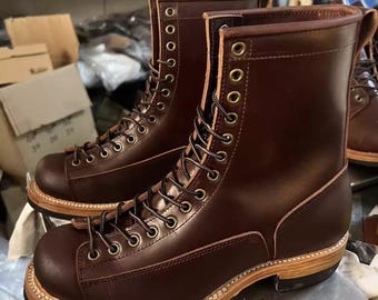 Botas de trabajo unisex de caña alta y suela gruesa de cuero encerado burdeos, personalizadas, estilo retro.