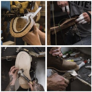 May include: A four-panel image showing the bootmaking process. The images show machinery, hand stitching, hammering, and pliers being used to assemble leather boots. The boots are brown and the process appears to be done by hand.