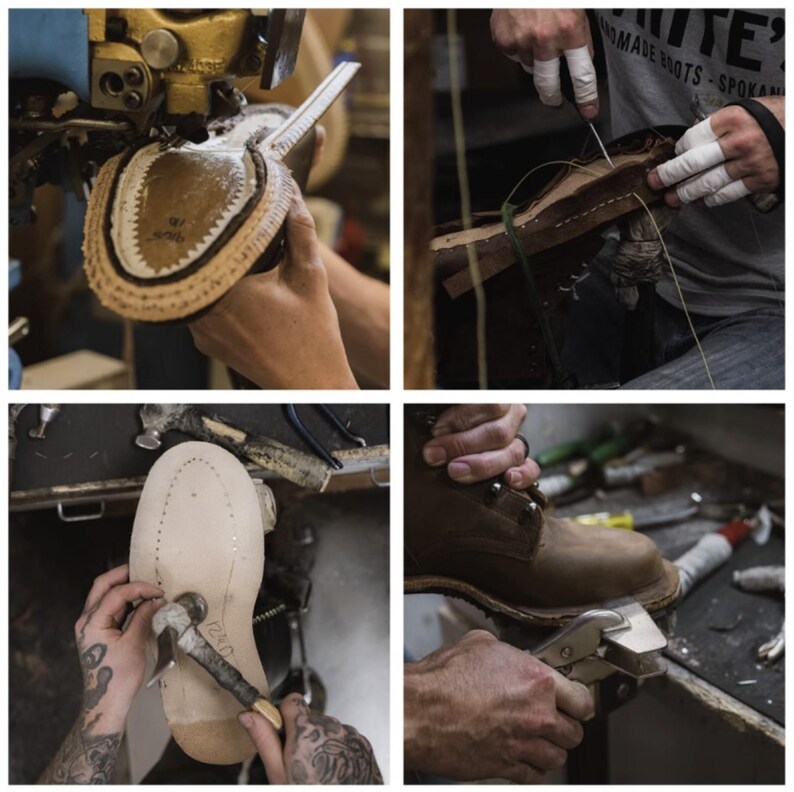 May include: A four-panel image showing the bootmaking process. The images show machinery, hand stitching, hammering, and pliers being used to assemble leather boots. The boots are brown and the process appears to be done by hand.