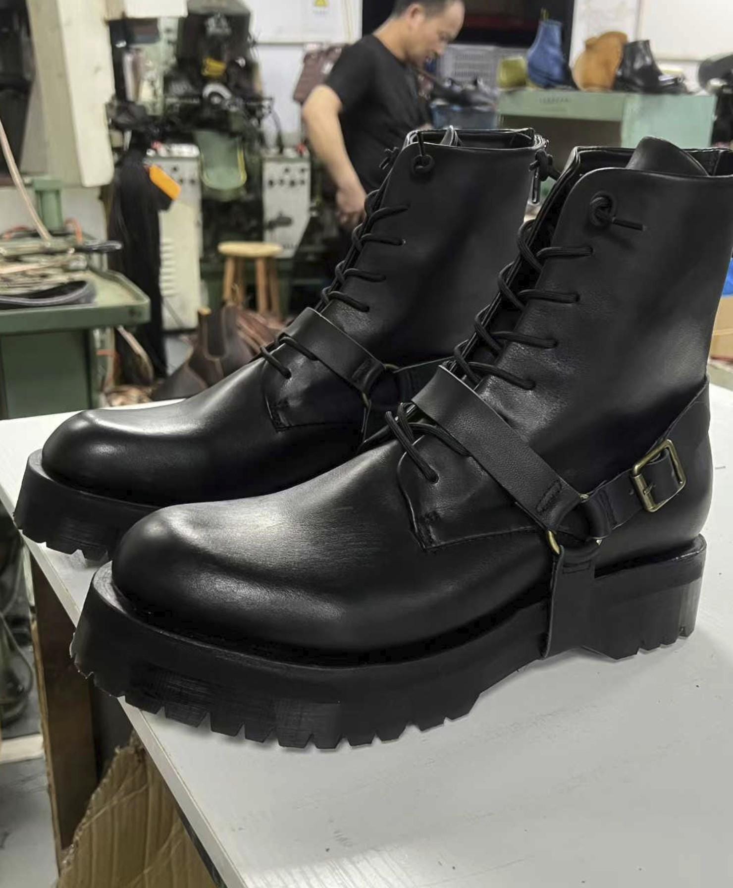 Custom Goodyear Calfskin Leather Boots Unisex Mid Calf Ankle Strap