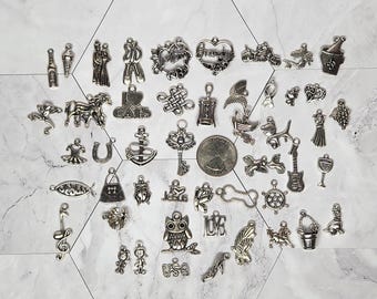 48 Antique Silver Charms, Jewelry Making Supplies.