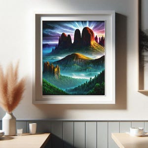 Arte de parede do Vale Iluminado – Decoração de paisagem montanhosa de fantasia surreal – Impressão digital de luz de névoa e torres de floresta