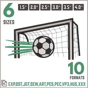 Pode incluir: Um bordado de uma bola de futebol numa baliza, com raios verdes indicando movimento. O design está disponível em 6 tamanhos, variando de 3,8 cm a 10,2 cm, e 10 formatos. A imagem inclui o texto "6 TAMANHOS" e "10 FORMATOS".