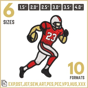 May include: An embroidered design of a football player in a red uniform with the number 23, running with a football. The image includes size options from 3.8 cm to 10.2 cm and 10 formats. The word "SIZES" and "FORMATS" are also included.