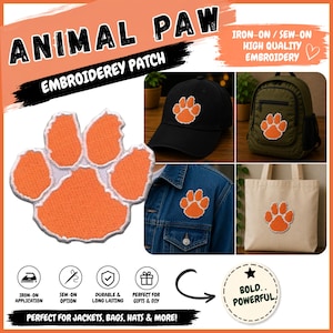 May include: An orange animal paw embroidery patch with a white border. The patch is shown applied to a black baseball cap, an olive green backpack, and a denim jacket. Text on the image includes ANIMAL PAW, EMBROIDERY PATCH, IRON-ON, SEW-ON, and BOLD.. POWERFUL.