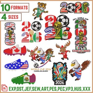 May include: A collection of machine embroidery designs featuring soccer-themed graphics, including the text 2026, World Cup, Canada, USA, Mexico, and various mascots, soccer balls, trophies, and cleats in red, white, green, and blue colors.