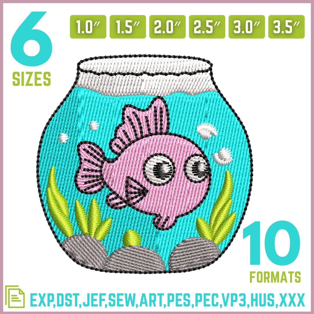 Fish Bowl Embroidery Design, Cute Pink Aquarium Machine Pattern, Ocean ...