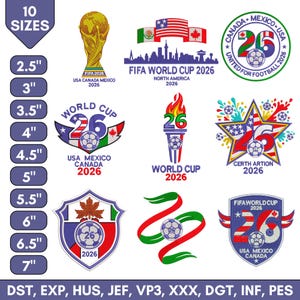 以下が含まれることがあります： FIFAワールドカップ2026の刺繍パッチとロゴのコレクション。トロフィー、旗、様々なデザインが含まれています。サイズは6.35cmから17.78cmまで。複数のファイル形式が一番下に記載されています。