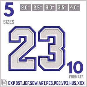 Könnte beinhalten: Ein Stickmuster der Zahl 23 in einer Blockschrift mit weißer Füllung und dickem violetten Umriss. Der Text 5 SIZES wird mit den Optionen 2.0", 2.5", 3.0", 3.5", 4.0" angezeigt. Der Text 10 FORMATS listet die Dateitypen EXP, DST, JEF, SEW, ART, PES, PEC, VP3, HUS, XXX auf.