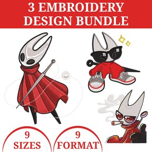 Op de afbeelding: Een borduurontwerp bundel met drie gestileerde karakters met witte hoofden, rode capes en zwarte accenten. De afbeelding bevat de tekst "3 EMBROIDERY DESIGN BUNDLE", "9 SIZES" en "9 FORMAT".