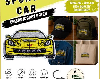 Yellow Sports Car Embroidered Patch, Iron On Sew On Car Patch, Racing Car Badge for Jackets, Backpacks & Hats