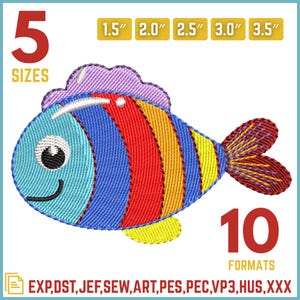 Puede incluir: Diseño de pez bordado colorido con rayas azules, rojas, amarillas y naranjas. La imagen muestra 5 tamaños, que van desde 3,8 cm hasta 8,9 cm, y 10 formatos. El pez tiene una cara sonriente y una aleta morada.