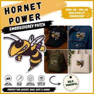 May include: An embroidered patch featuring a yellow and black hornet character with white wings. The patch is shown applied to a black baseball cap, a denim jacket, an olive green backpack, and a white canvas tote bag. Text includes HORNET POWER.