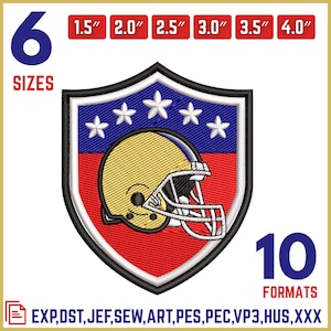 May include: Embroidered shield-shaped patch with a football helmet design. The patch features a gold helmet, blue and red sections, and white stars. The image includes size options from 3.8 cm to 10.2 cm and the text "6 SIZES" and "10 FORMATS".