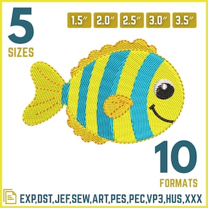 Könnte beinhalten: Ein gesticktes Fischdesign in Gelb und Blau mit einem lächelnden Gesicht. Das Design ist in 5 Größen erhältlich, von 3,8 cm bis 8,9 cm. Es ist in 10 Formaten erhältlich, darunter EXP, DST, JEF und SEW.