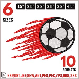 May include: A football design with a black and white pattern and red speed lines. The image includes text indicating six sizes, ranging from 1.5" to 4.0", and ten formats, including EXP, DST, and JEF.