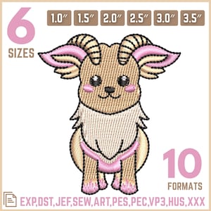 May include: An embroidered design of a cartoonish creature with tan fur, pink accents, and black eyes. The image includes text indicating 6 sizes, ranging from 1.0" to 3.5", and 10 formats. The design is suitable for embroidery projects.