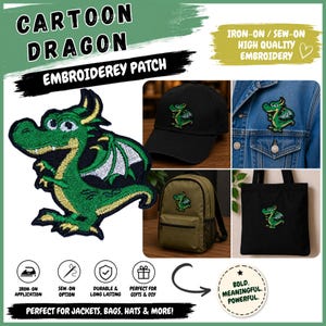 May include: An embroidered patch featuring a green cartoon dragon with yellow accents and white wings. The patch is shown applied to a black baseball cap, a blue denim jacket, an olive green backpack, and a black tote bag, demonstrating versatility.