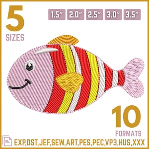 以下が含まれることがあります： ピンク、赤、黄色、白の刺繍魚のデザイン。画像は、3.8 cmから8.9 cmまでの5つのサイズでデザインを示しています。デザインは10のフォーマットで利用できます。