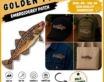 Golden Fish Embroidered Patch Iron On Sew On, Fishing Applique Badge, Angler Gift for Jacket Backpack Hat