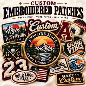 May include: A collection of custom embroidered patches featuring various designs including mountain landscapes, a golf emblem, the American flag, ocean waves, and text such as Explore More, Good Vibes, and Summit Co. The patches have diverse shapes.