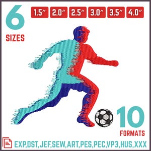 May include: A digital design of a soccer player in red and teal, with a black and white soccer ball. The image includes text indicating 6 sizes and 10 formats, with sizes ranging from 3.8 cm to 10.2 cm.